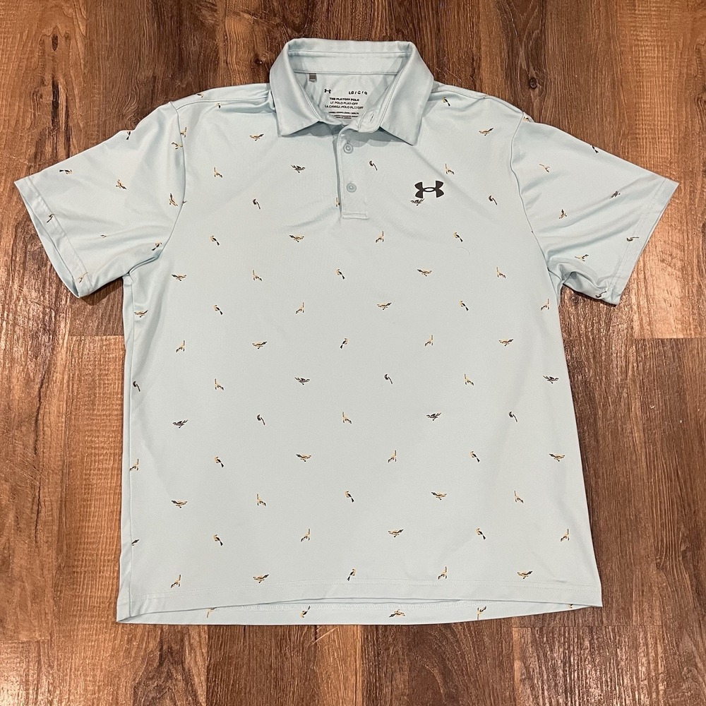 Under Armour Playoff Polo Shirt Mens L Blue Loose Geometric Bird AOP Print Golf